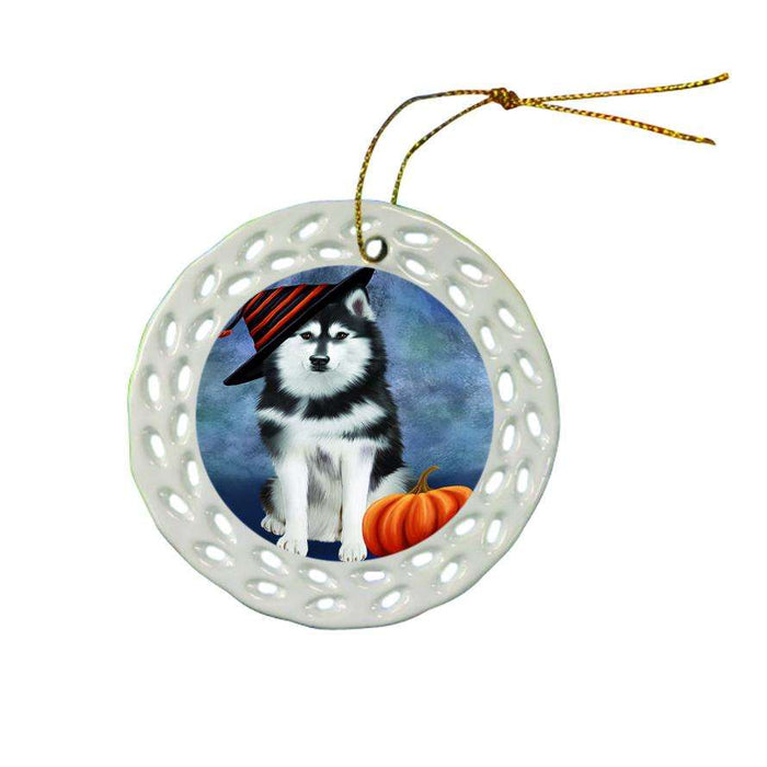 Happy Halloween Siberian Husky Dog Wearing Witch Hat with Pumpkin Ceramic Doily Ornament DPOR54975