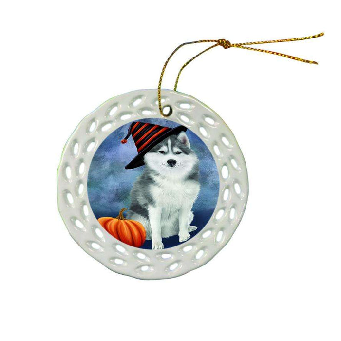 Happy Halloween Siberian Husky Dog Wearing Witch Hat with Pumpkin Ceramic Doily Ornament DPOR54976