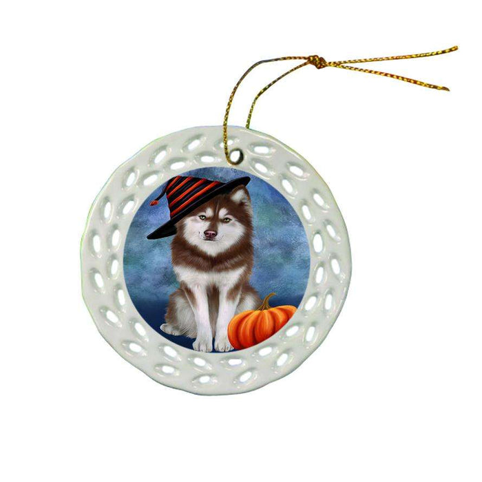 Happy Halloween Siberian Husky Dog Wearing Witch Hat with Pumpkin Ceramic Doily Ornament DPOR54977