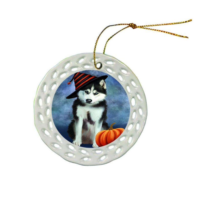 Happy Halloween Siberian Husky Dog Wearing Witch Hat with Pumpkin Ceramic Doily Ornament DPOR54978