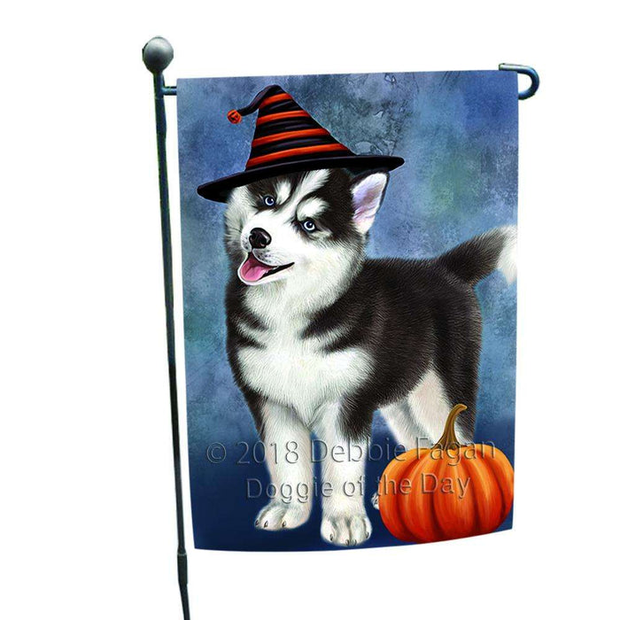 Happy Halloween Siberian Husky Dog Wearing Witch Hat with Pumpkin Garden Flag GFLG54975