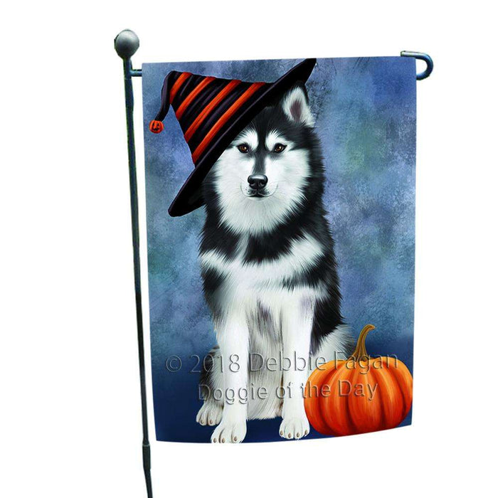 Happy Halloween Siberian Husky Dog Wearing Witch Hat with Pumpkin Garden Flag GFLG55037