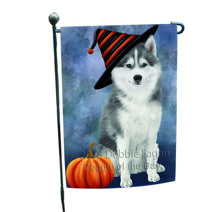 Happy Halloween Siberian Husky Dog Wearing Witch Hat with Pumpkin Garden Flag GFLG55038