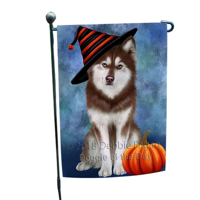 Happy Halloween Siberian Husky Dog Wearing Witch Hat with Pumpkin Garden Flag GFLG55039