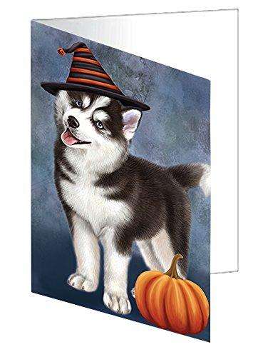 Happy Halloween Siberian Husky Dog Wearing Witch Hat with Pumpkin Handmade Artwork Assorted Pets Greeting Cards and Note Cards with Envelopes for All Occasions and Holiday Seasons D099