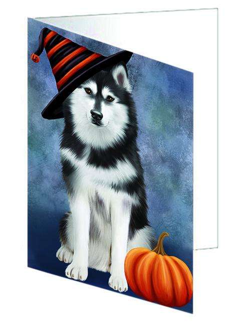 Happy Halloween Siberian Husky Dog Wearing Witch Hat with Pumpkin Handmade Artwork Assorted Pets Greeting Cards and Note Cards with Envelopes for All Occasions and Holiday Seasons GCD68747