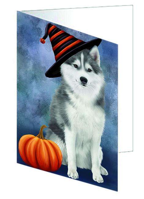 Happy Halloween Siberian Husky Dog Wearing Witch Hat with Pumpkin Handmade Artwork Assorted Pets Greeting Cards and Note Cards with Envelopes for All Occasions and Holiday Seasons GCD68750