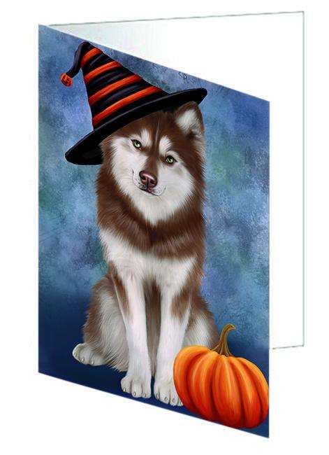 Happy Halloween Siberian Husky Dog Wearing Witch Hat with Pumpkin Handmade Artwork Assorted Pets Greeting Cards and Note Cards with Envelopes for All Occasions and Holiday Seasons GCD68753