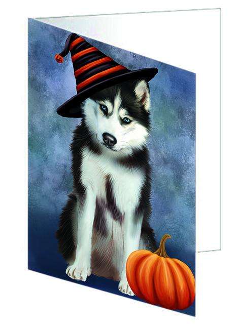 Happy Halloween Siberian Husky Dog Wearing Witch Hat with Pumpkin Handmade Artwork Assorted Pets Greeting Cards and Note Cards with Envelopes for All Occasions and Holiday Seasons GCD68756