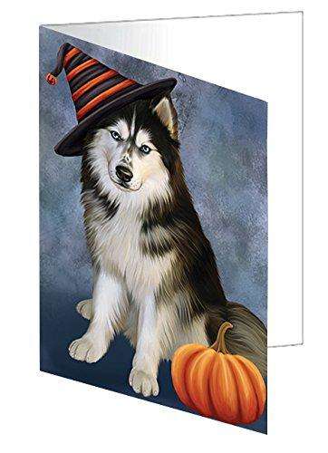 Happy Halloween Siberian Husky Dog Wearing Witch Hat with Pumpkin Handmade Artwork Assorted Pets Greeting Cards and Note Cards with Envelopes for All Occasions and Holiday Seasons