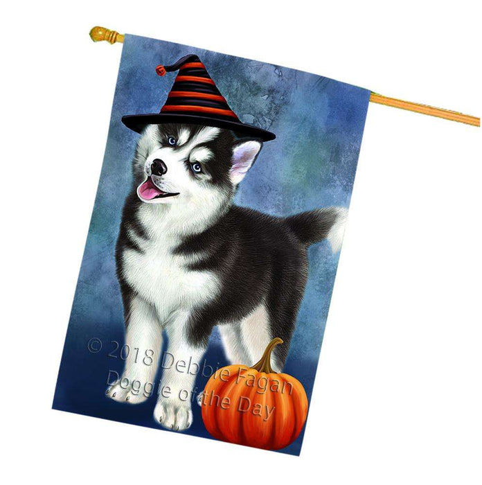Happy Halloween Siberian Husky Dog Wearing Witch Hat with Pumpkin House Flag FLG55111