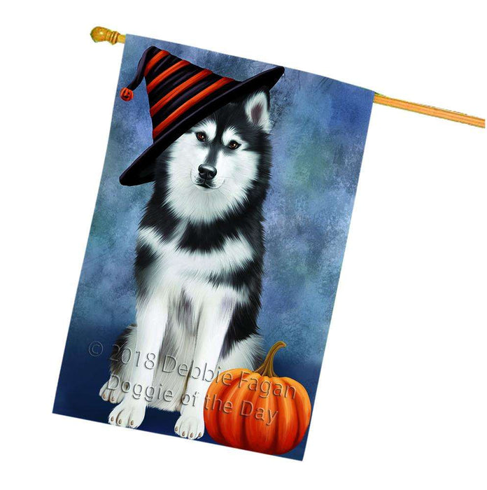 Happy Halloween Siberian Husky Dog Wearing Witch Hat with Pumpkin House Flag FLG55173