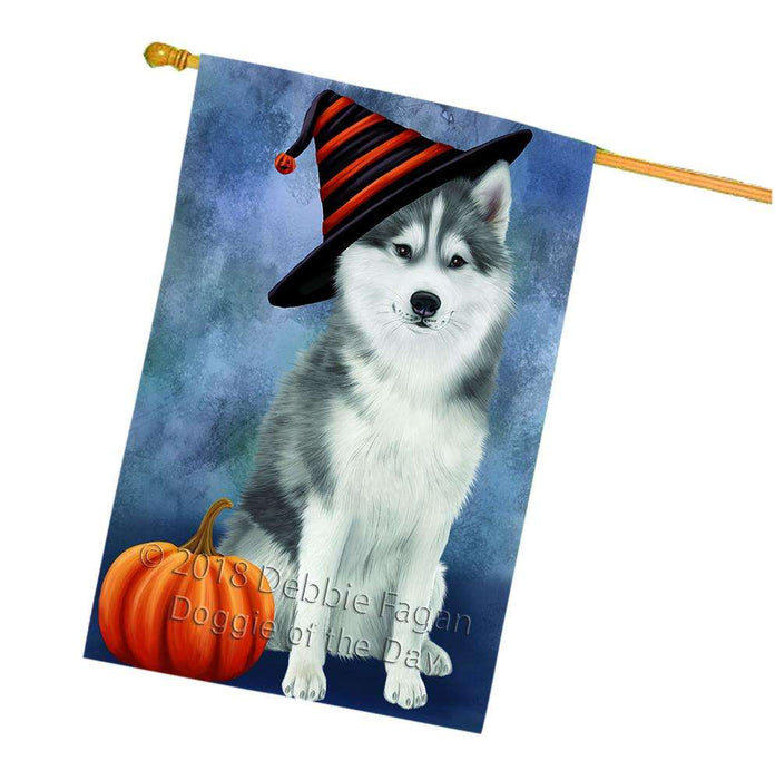Happy Halloween Siberian Husky Dog Wearing Witch Hat with Pumpkin House Flag FLG55174