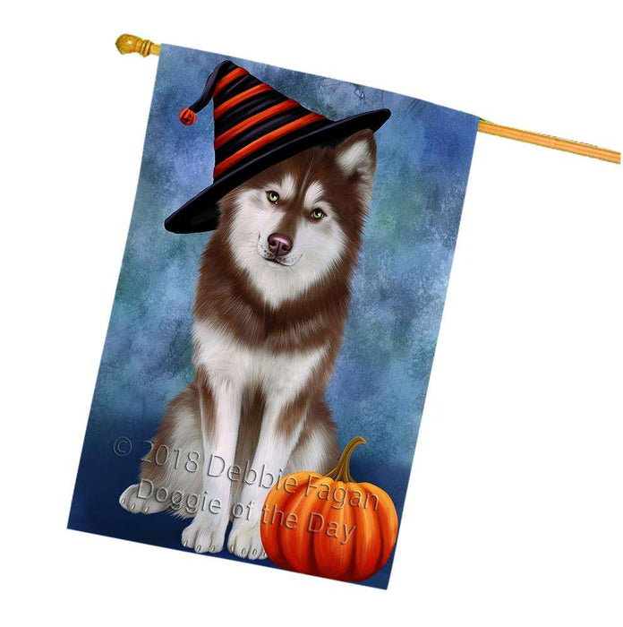 Happy Halloween Siberian Husky Dog Wearing Witch Hat with Pumpkin House Flag FLG55175