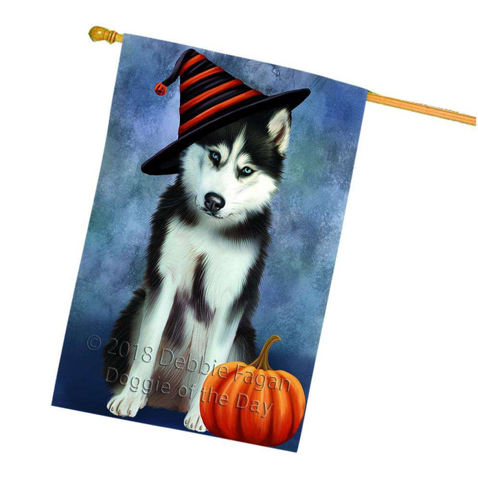 Happy Halloween Siberian Husky Dog Wearing Witch Hat with Pumpkin House Flag FLG55176