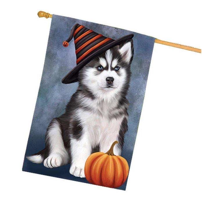 Happy Halloween Siberian Husky Dog Wearing Witch Hat with Pumpkin House Flag