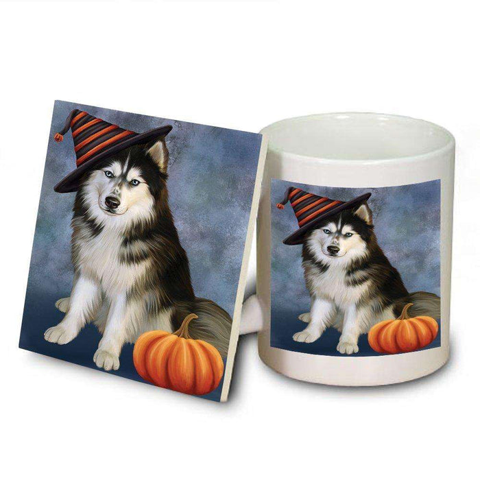 Happy Halloween Siberian Husky Dog Wearing Witch Hat with Pumpkin Mug and Coaster Set