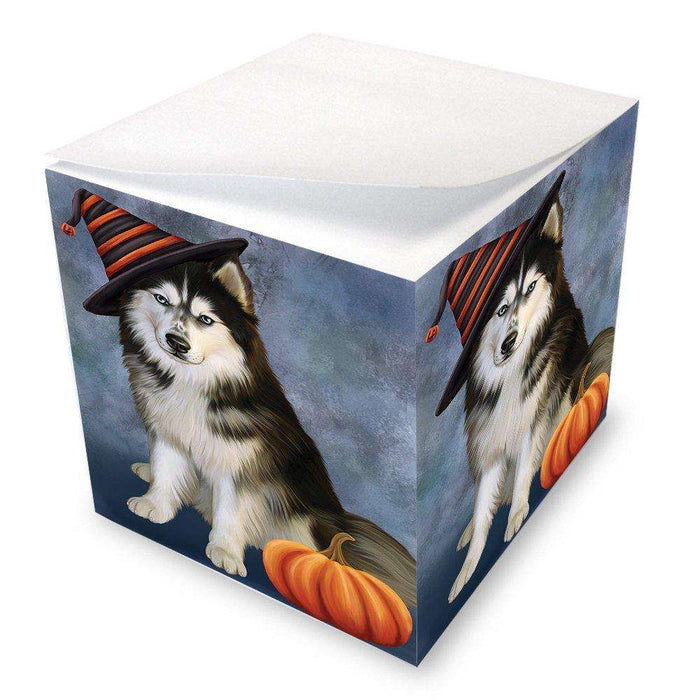 Happy Halloween Siberian Husky Dog Wearing Witch Hat with Pumpkin Note Cube