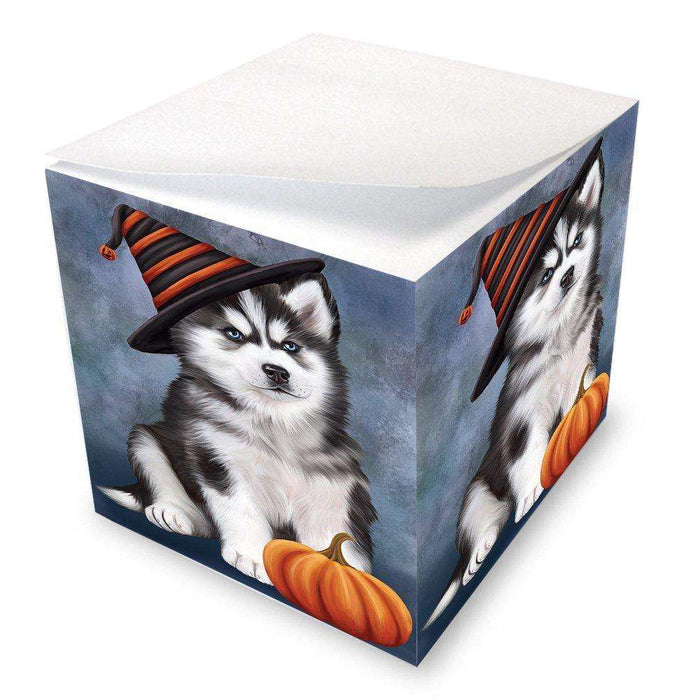 Happy Halloween Siberian Husky Dog Wearing Witch Hat with Pumpkin Note Cube