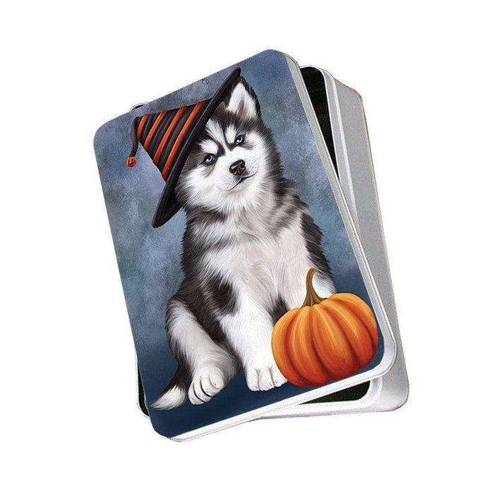 Happy Halloween Siberian Husky Dog Wearing Witch Hat with Pumpkin Photo Storage Tin