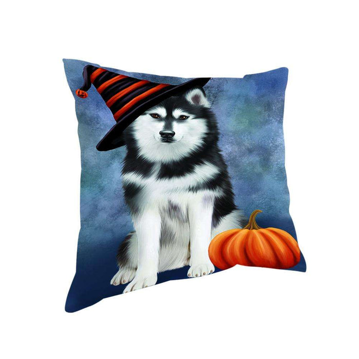 Happy Halloween Siberian Husky Dog Wearing Witch Hat with Pumpkin Pillow PIL76248
