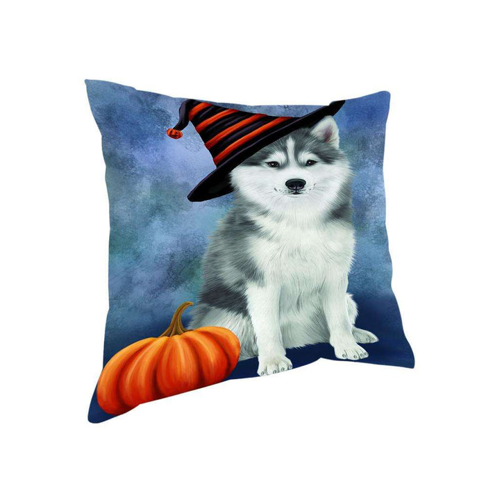Happy Halloween Siberian Husky Dog Wearing Witch Hat with Pumpkin Pillow PIL76252