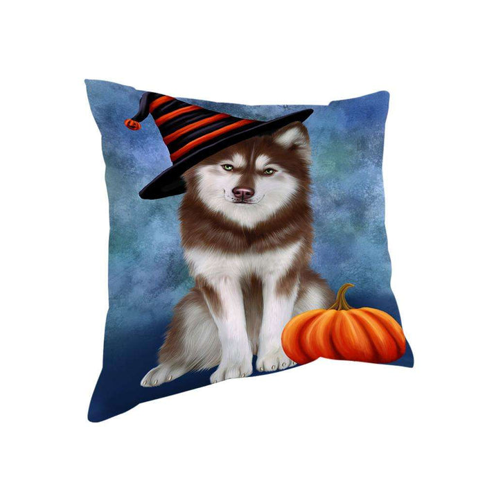 Happy Halloween Siberian Husky Dog Wearing Witch Hat with Pumpkin Pillow PIL76256