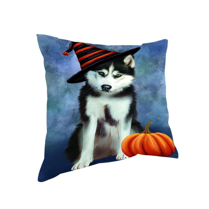Happy Halloween Siberian Husky Dog Wearing Witch Hat with Pumpkin Pillow PIL76260