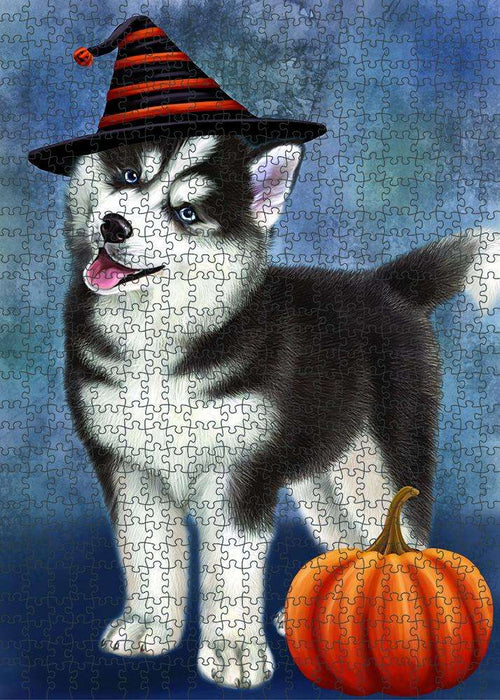 Happy Halloween Siberian Husky Dog Wearing Witch Hat with Pumpkin Puzzle with Photo Tin PUZL86808