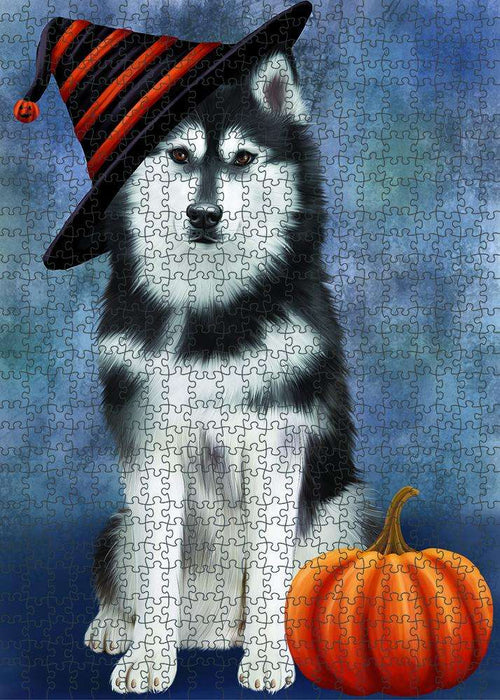 Happy Halloween Siberian Husky Dog Wearing Witch Hat with Pumpkin Puzzle with Photo Tin PUZL87056