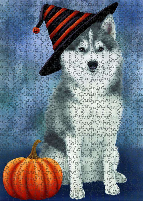 Happy Halloween Siberian Husky Dog Wearing Witch Hat with Pumpkin Puzzle with Photo Tin PUZL87060