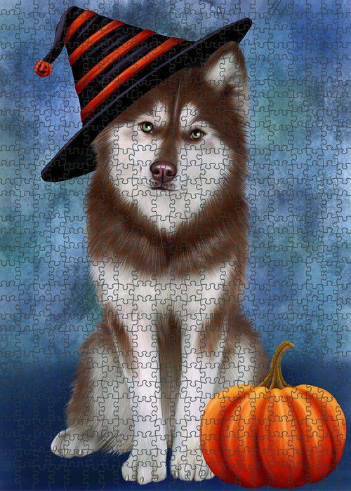 Happy Halloween Siberian Husky Dog Wearing Witch Hat with Pumpkin Puzzle with Photo Tin PUZL87064