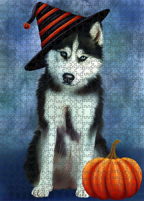Happy Halloween Siberian Husky Dog Wearing Witch Hat with Pumpkin Puzzle with Photo Tin PUZL87068