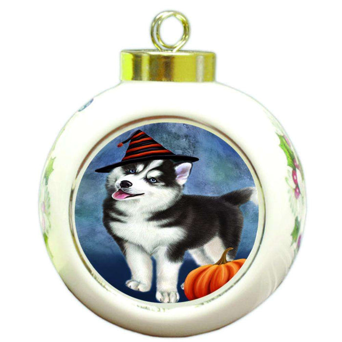 Happy Halloween Siberian Husky Dog Wearing Witch Hat with Pumpkin Round Ball Christmas Ornament RBPOR54913
