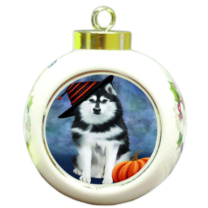 Happy Halloween Siberian Husky Dog Wearing Witch Hat with Pumpkin Round Ball Christmas Ornament RBPOR54975