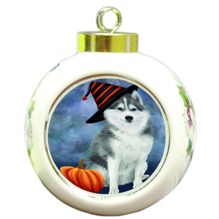 Happy Halloween Siberian Husky Dog Wearing Witch Hat with Pumpkin Round Ball Christmas Ornament RBPOR54976