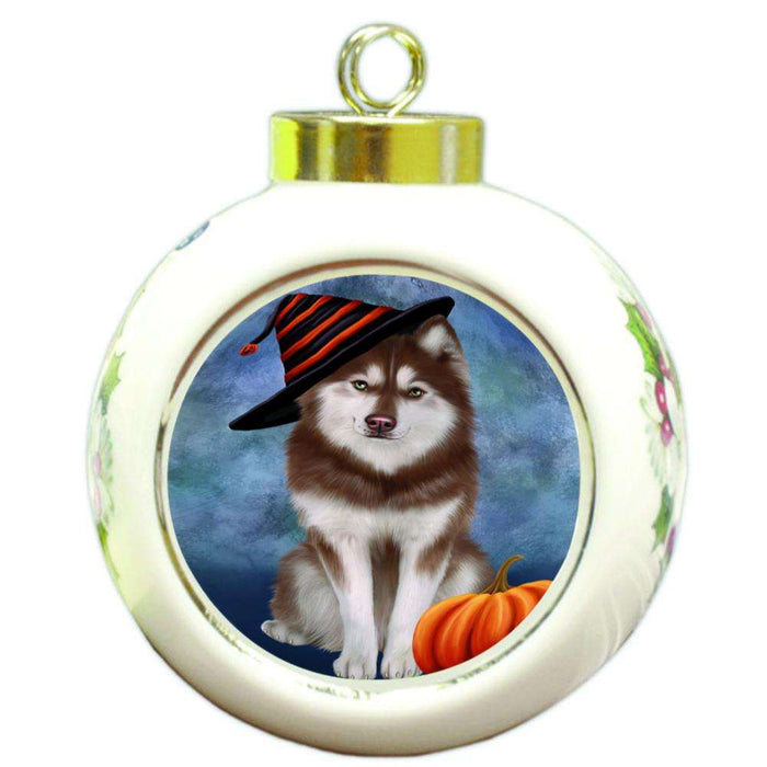 Happy Halloween Siberian Husky Dog Wearing Witch Hat with Pumpkin Round Ball Christmas Ornament RBPOR54977