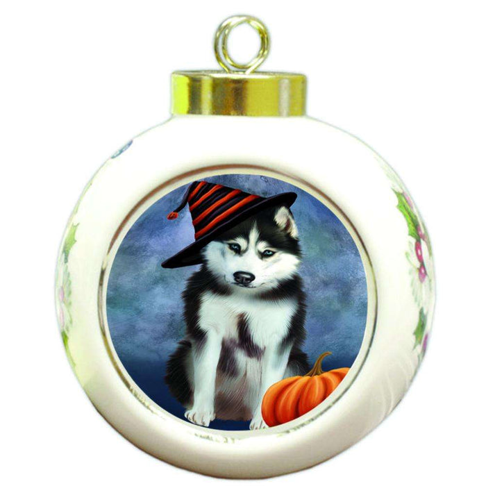 Happy Halloween Siberian Husky Dog Wearing Witch Hat with Pumpkin Round Ball Christmas Ornament RBPOR54978