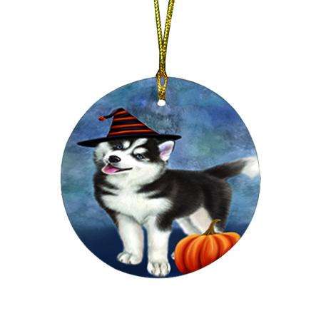 Happy Halloween Siberian Husky Dog Wearing Witch Hat with Pumpkin Round Flat Christmas Ornament RFPOR54904