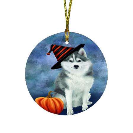 Happy Halloween Siberian Husky Dog Wearing Witch Hat with Pumpkin Round Flat Christmas Ornament RFPOR54967
