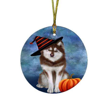Happy Halloween Siberian Husky Dog Wearing Witch Hat with Pumpkin Round Flat Christmas Ornament RFPOR54968