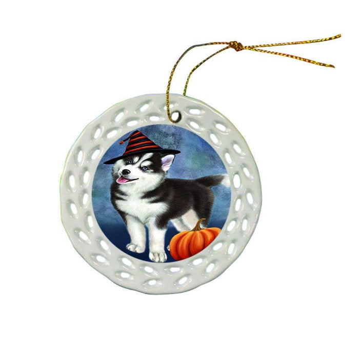 Happy Halloween Siberian Husky Dog Wearing Witch Hat with Pumpkin Star Porcelain Ornament SPOR54904