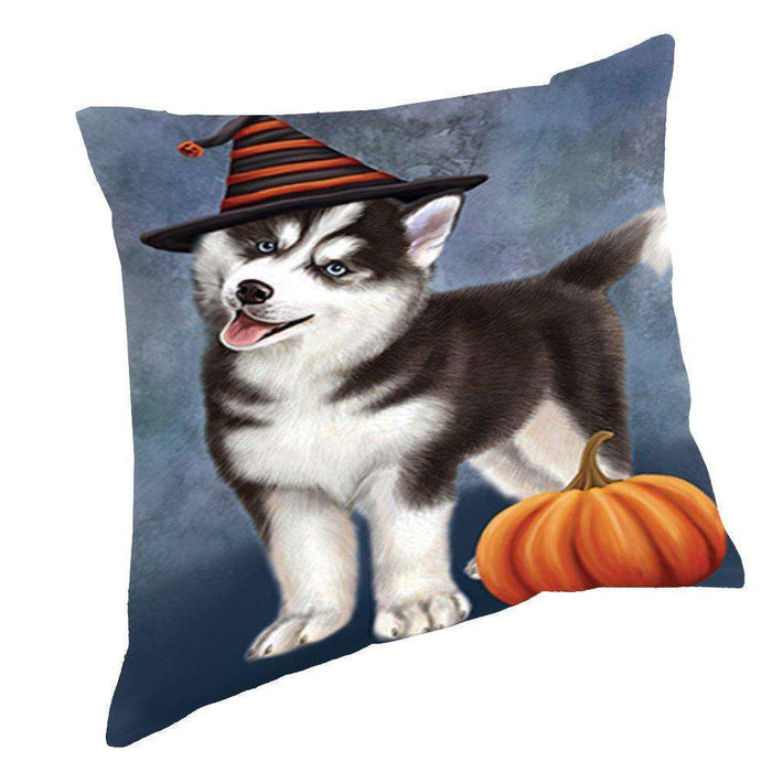 Happy Halloween Siberian Husky Dog Wearing Witch Hat with Pumpkin Throw Pillow D171