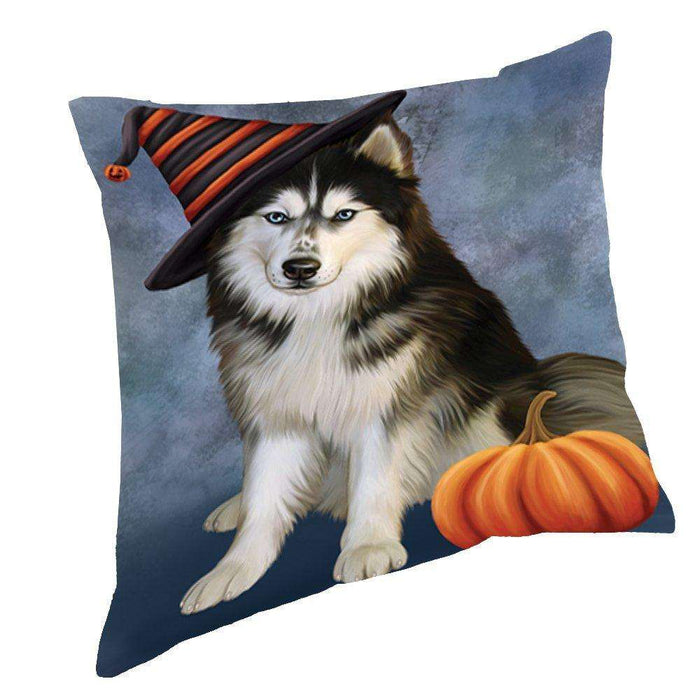 Happy Halloween Siberian Husky Dog Wearing Witch Hat with Pumpkin Throw Pillow