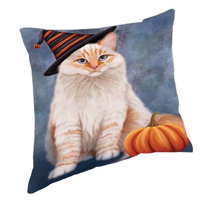 Happy Halloween Siberian Red Cat Wearing Witch Hat with Pumpkin Throw Pillow D174