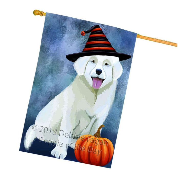 Happy Halloween Slovak Cuvac Cat Wearing Witch Hat with Pumpkin House Flag FLG55112