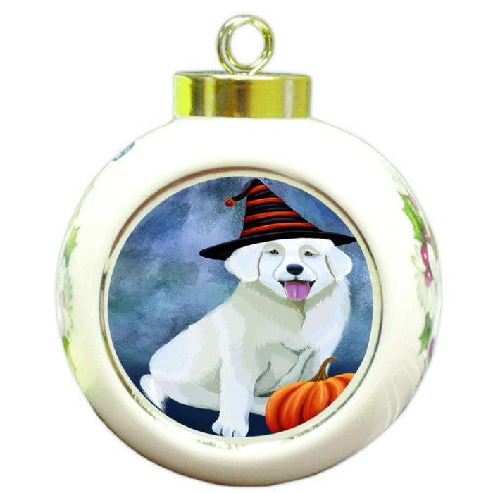 Happy Halloween Slovak Cuvac Cat Wearing Witch Hat with Pumpkin Round Ball Christmas Ornament RBPOR54914