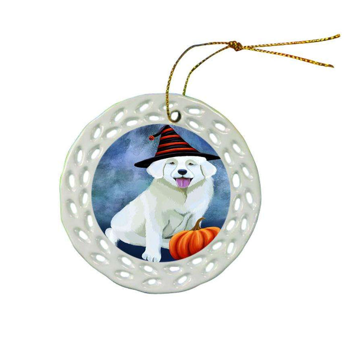 Happy Halloween Slovak Cuvac Cat Wearing Witch Hat with Pumpkin Star Porcelain Ornament SPOR54905