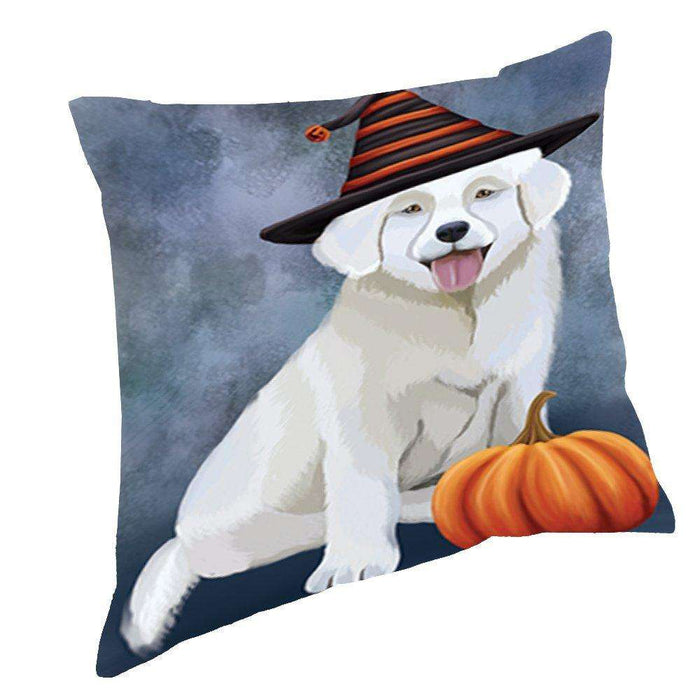 Happy Halloween Slovensky Cuvac Dog Wearing Witch Hat with Pumpkin Throw Pillow D175