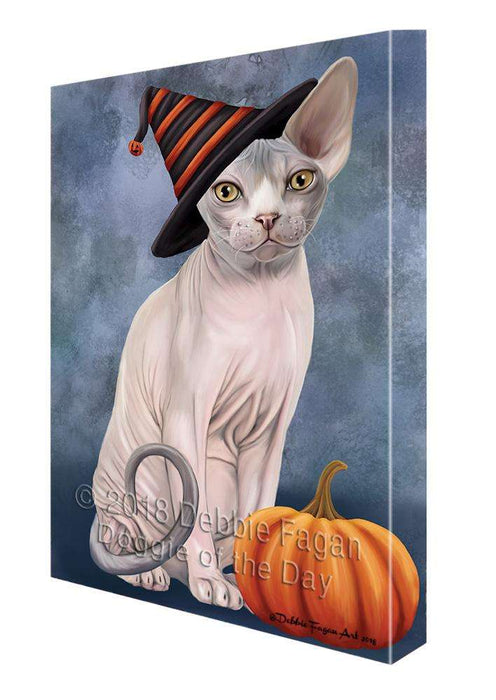 Happy Halloween Sphynx Cat Wearing Witch Hat with Pumpkin Canvas Print Wall Art Décor CVS111698